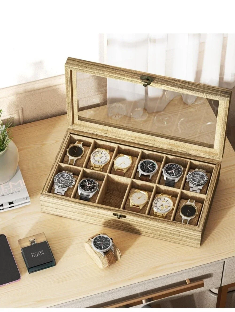Wooden Glass-Top Watch Storage Box - 12 Slot - Natural Brown